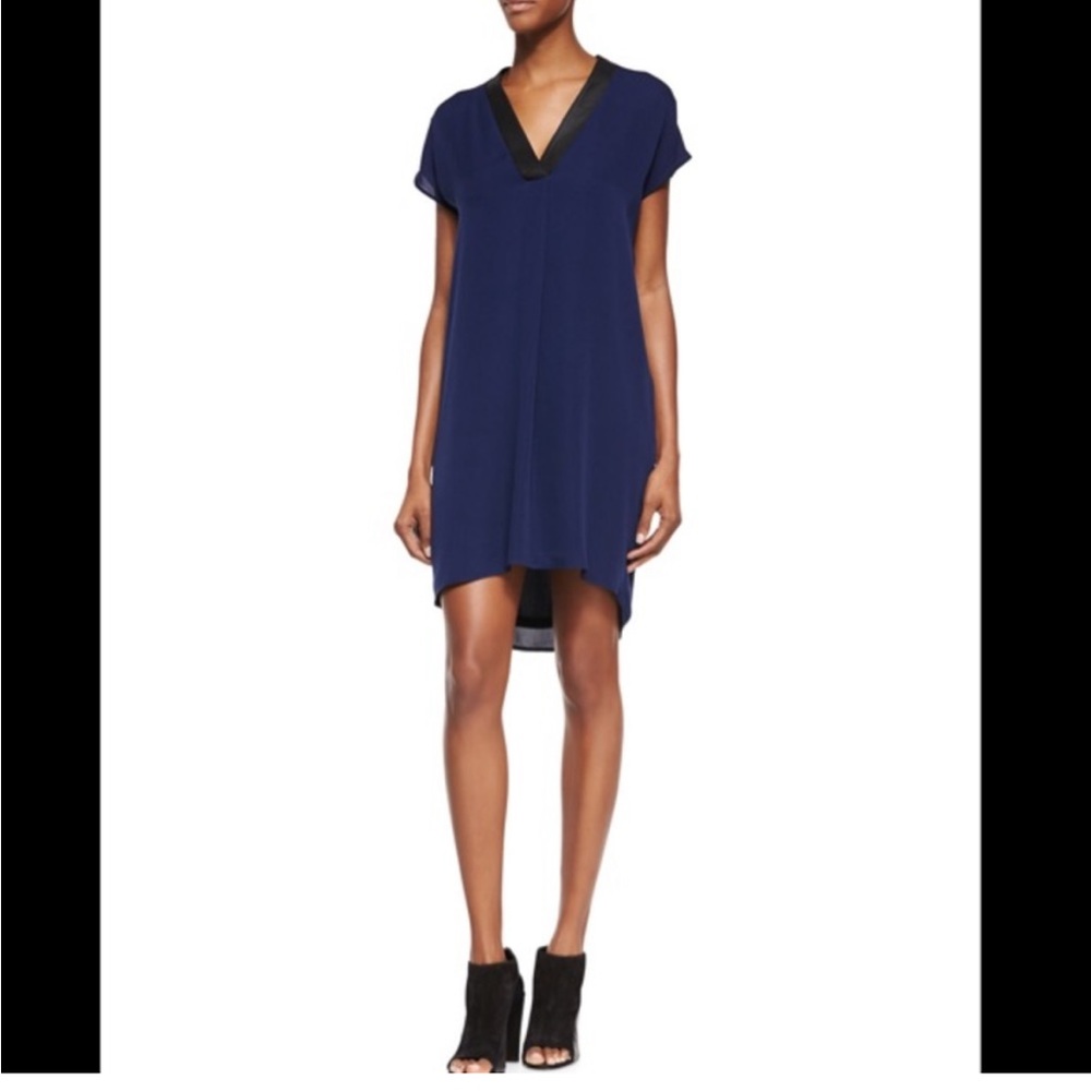 Navy Vince Popover Dress with Leather Details